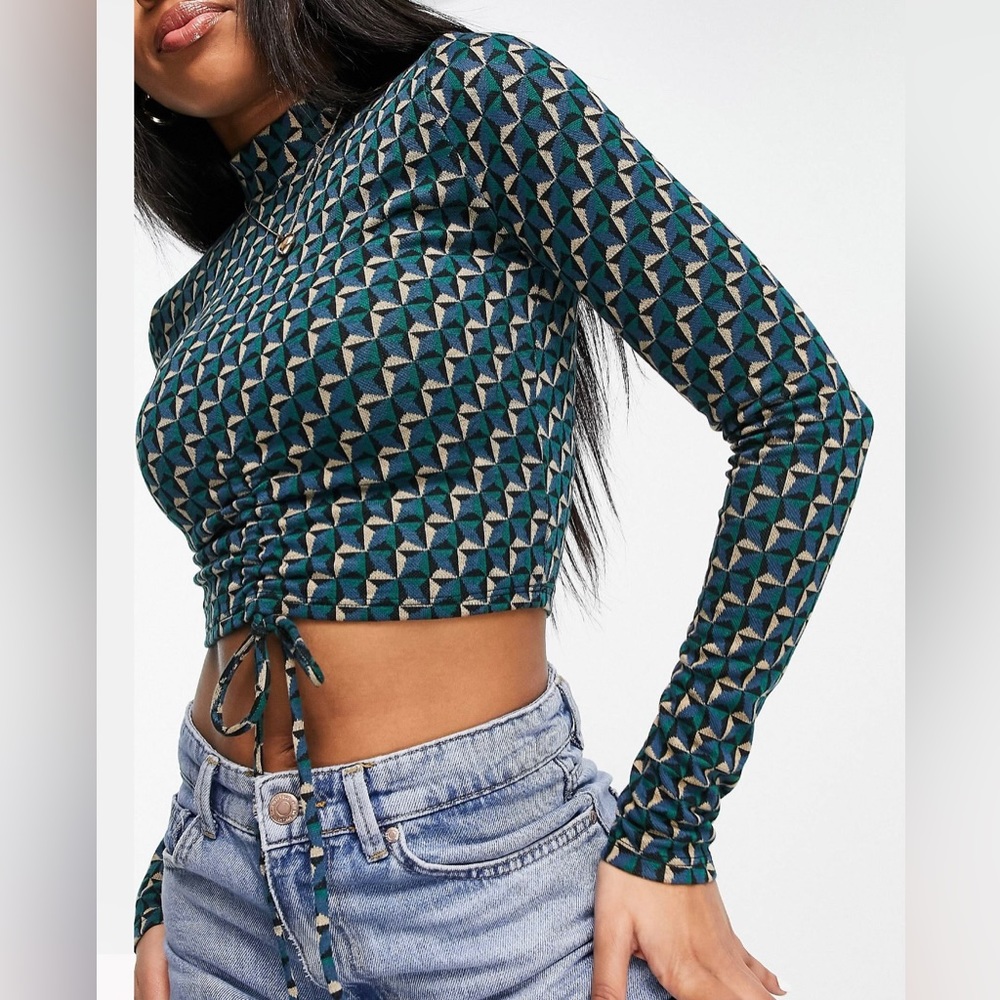 Pull&Bear jacquard long sleeved cut out top in blue